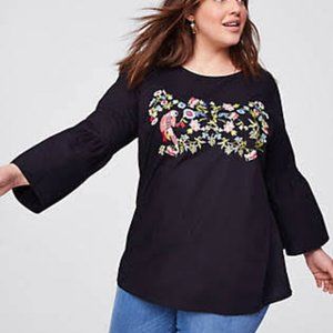 LOFT | Embroidered Top Blouse Parrott Floral Black Bell Sleeves Sz L